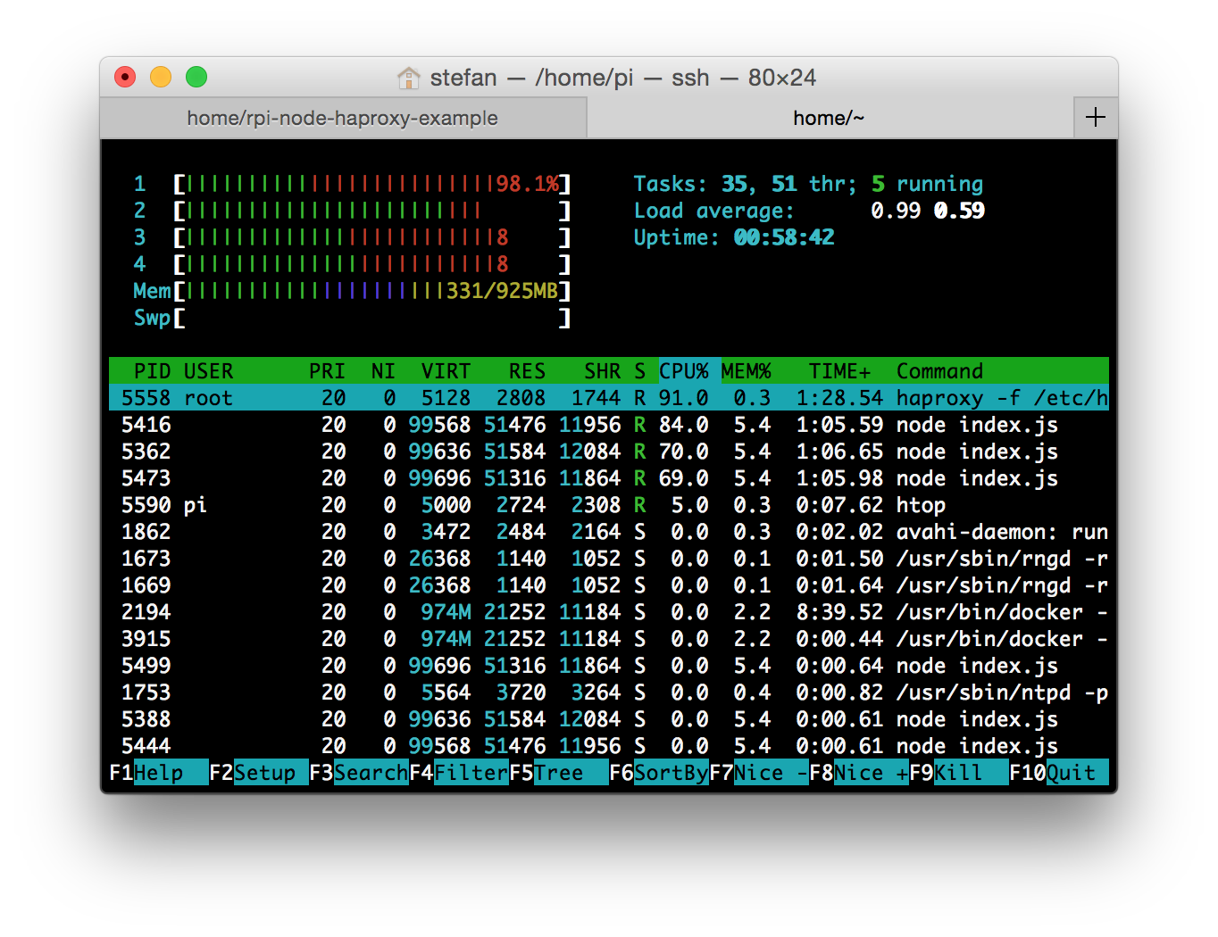 htop with 3 webserver and haproxy